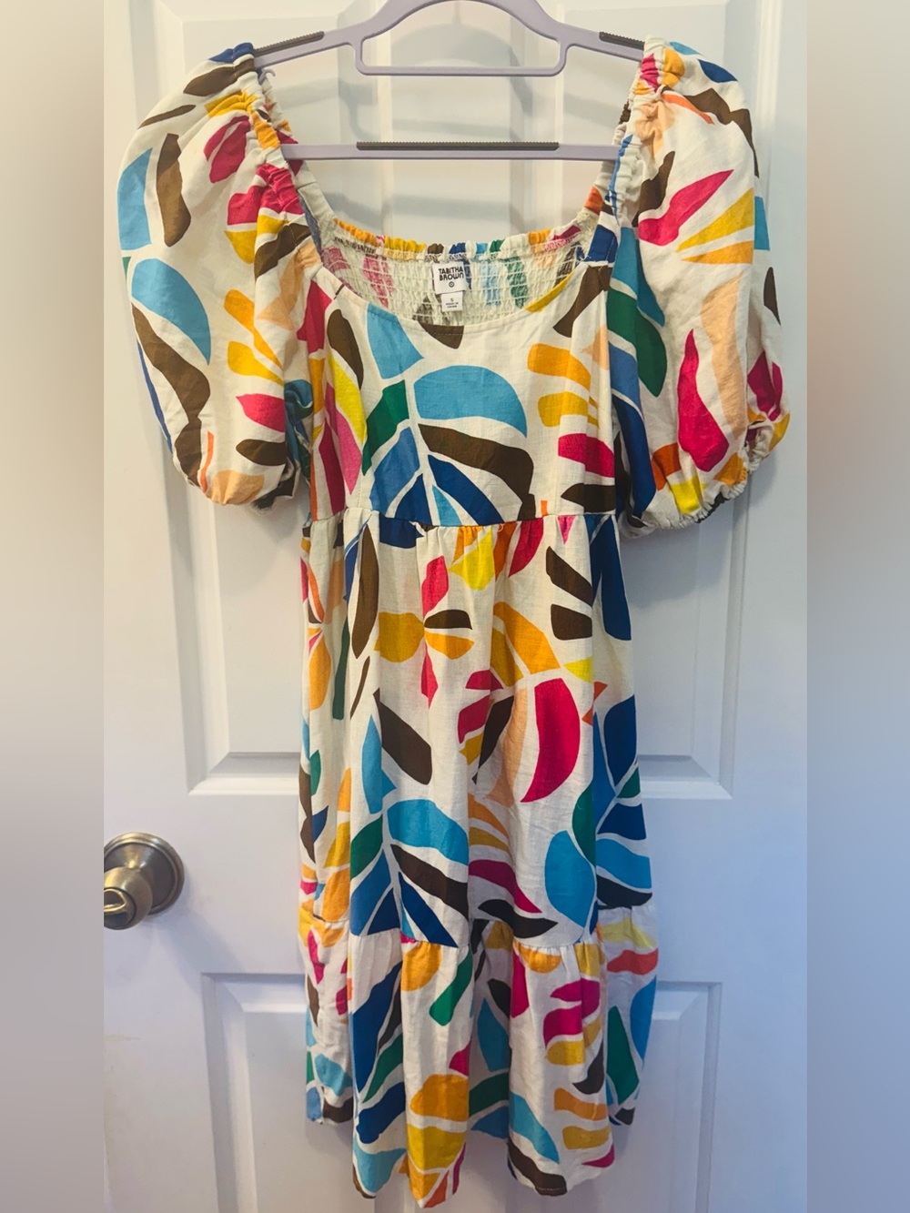 NWOT Tabitha Brown Puff-Sleeved Multicolor Smocked Top - Cream Base